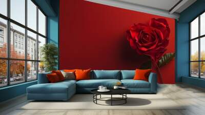 Red rose in the shape of a heart on panoramic red background, valentines day web banner. Wall mural