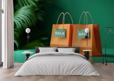 Shopping bags with a sale and discount tags. Isolated background with copy space.  Wall mural