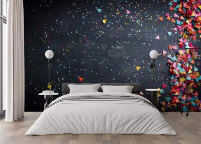 Slate board and confetti on black background, top view. Space for text.  Wall mural