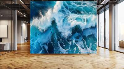 Spectacular aerial top view background photo of ocean sea water white wave splashing in the deep sea. Sea wave in bird eye waves. Made with generative ai Wall mural