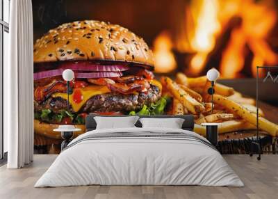 Tasty burger with french fries and fire.  Wall mural