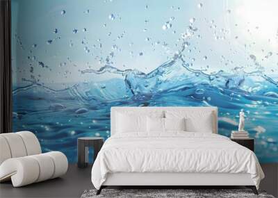 Transparent blue clear water surface texture with ripples, splashes and bubbles. Abstract summer banner background Water waves in sunlight with copy space Cosmetic moisturizer micellar toner emulsion. Wall mural