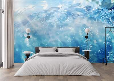 Transparent blue clear water surface texture with ripples, splashes and bubbles. Abstract summer banner background Water waves in sunlight with copy space Cosmetic moisturizer micellar toner emulsion. Wall mural