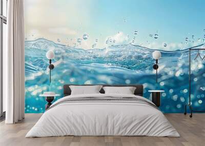 Transparent blue clear water surface texture with ripples, splashes and bubbles. Abstract summer banner background Water waves in sunlight with copy space Cosmetic moisturizer micellar toner emulsion. Wall mural