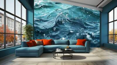 Transparent blue clear water surface texture with ripples, splashes and bubbles. Wall mural