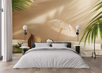 Tropical beach concept made of coconut fruit and sun umbrella. Creative minimal summer idea. Wall mural