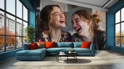 Two happy girls applying make up at home.  Wall mural