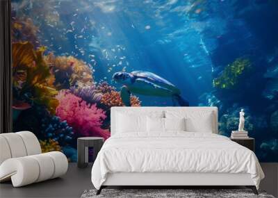 Underwater animal swimming in deep blue sea tropical reef beauty. Wall mural