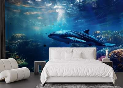 Underwater animal swimming in deep blue sea tropical reef beauty. Wall mural