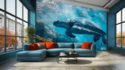 Underwater animal swimming in deep blue sea tropical reef beauty. Wall mural