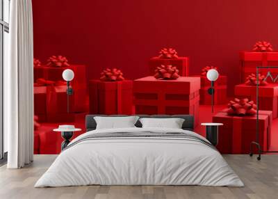 Valentine's Day red gift boxes in red isolated background. Wall mural