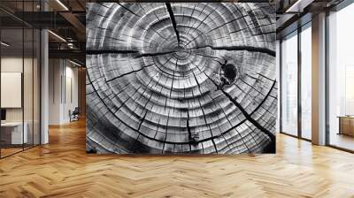 Warm gray cut wood texture. Detailed black and white texture of a felled tree trunk or stump. Rough organic tree rings with close up of end grain.  Wall mural