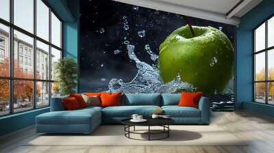 Water splashing on Fresh green apple on Green background.  Wall mural