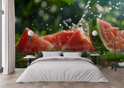 Water splashing on Sliced of watermelon on green background. Wall mural