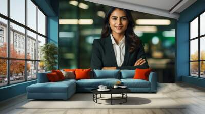 Young confident smiling Indian business woman leader, successful entrepreneur, professional company executive ceo manager, wearing suit standing in office with arms crossed. made with generative ai Wall mural