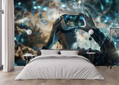 Young man using virtual reality headset. VR, future, gadgets, technology concept.  Wall mural