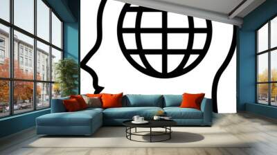 Outline icon of a human head with a globe inside, representing global thinking, internationalism, or world consciousness Wall mural