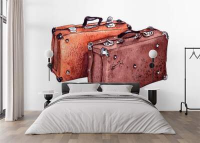 hand-drawn watercolor illustration. a vintage closed old brown leather suitcase stands on the floor. isolated Wall mural