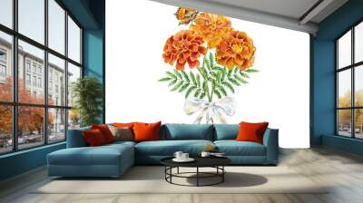 Marigolds watercolor, bouquet of flowers tied with a ribbon, butterfly. Botanical illustration isolated. Birthday cards, wedding invitations, covers. Wall mural