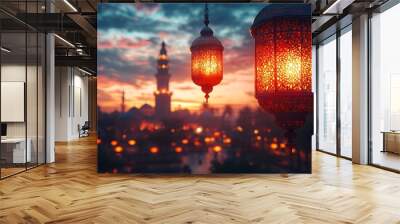 Ramadan lantern with mosque background Wall mural