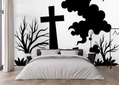 A graveyard with a large cross and fog rolling silhouette vector illustration on white background Wall mural