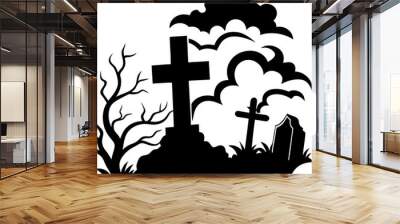 A graveyard with a large cross and fog rolling silhouette vector illustration on white background Wall mural