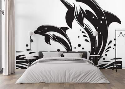 Dolphin jumping black & white silhouette vector with white background Wall mural