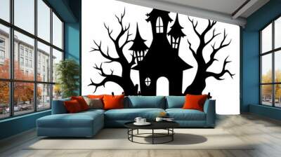 Haunted halloween house with spooky silhouette vector illustration on white background Wall mural