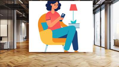 Woman with mobile phone in chair at home texting message vector illustration Wall mural