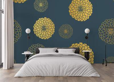 Dahlia Outline in Golden Vector Seamless Pattern Wall mural