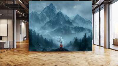 Train Through Misty Mountains Illustration Wall mural