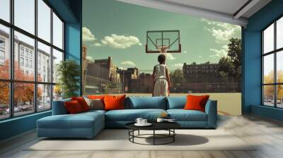 A young boy standing on the basketball court, facing away from the camera with his back to us, looking up at an overhead shot of a basketball hoop. Play Basketball Day. Wall mural