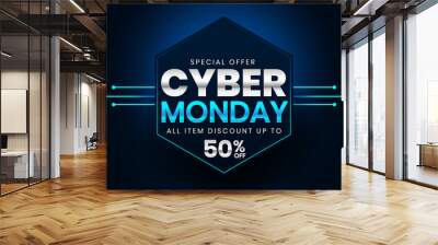 Sale banner template design with blue light effect on dark background, Cyber Monday special offer sale up to 50% off. Wall mural