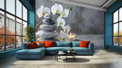 Beautiful spa composition with blue orchid and stones Wall mural