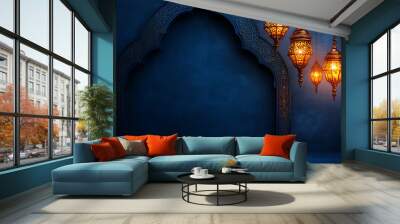 Black lantern with reflection from blue background for the Muslim feast of the holy month of Ramadan Kareem. Wall mural