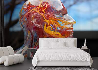 Blue skull on fun blue studio background. Graphic ,design ,modern ,playful. Brain, arteries, nerves, lymph nodes. Human anatomy. 3D illustration. Wall mural