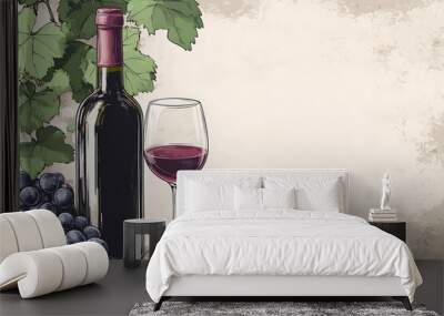 Bottle and Glass of red wine, grapes and mould cheese on wooden table in vineyard with blurry wine background Wall mural