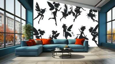 Cartoon magic fairy tale little fairies silhouettes. Magical little fairies girls flying with butterflies illustration set. Fantasy pixie creatures. Wall mural