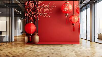 Classic Chinese new year background. Hanging silk lanterns and spring blooming branches on red background Wall mural