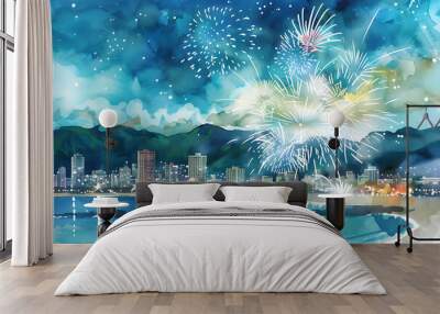 Fireworks at New Year and copy space - abstract holiday background Wall mural