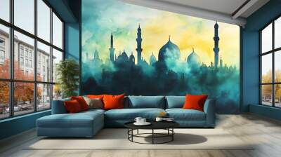 Islam inspired concept art. Muslim religious arabic painting. Mosque landscape, colorful geometric shapes with cinematic light and epic set-up. Wall mural