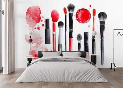 Makeup brush with smear and lipstick on white background. Wall mural