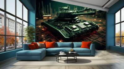 Military 3D Illustration of green camouflage miltary tank with fictional design fighting with fire and smoke around fire, fire fight concept Wall mural