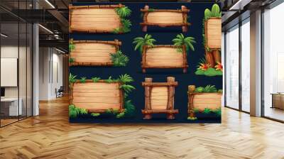 Set cartoon game panels in jungle style with space for text. Isolated wooden gui elements with tropical plants, flowers and boards. Illustration on white background. Wall mural