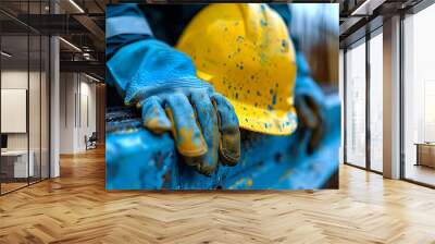 The old yellow safety helmet at construction site in dark tone Wall mural