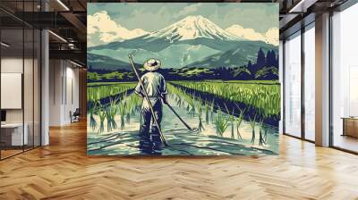 Wheat field scene of japanese traditional style painting wide and huge green tea farm with mt.fuji behind sunny and clear day 70 year old japanese man who are working out in the house Wall mural