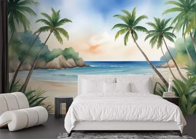  Sea beach landscape. Cartoon summer sunny day, ocean view the horizontal panorama, water sand, and clouds. Vector illustration of beach vacation background Wall mural