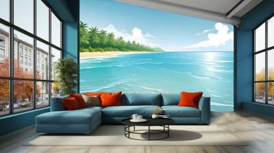  Sea beach landscape. Cartoon summer sunny day, ocean view the horizontal panorama, water sand, and clouds. Vector illustration of beach vacation background Wall mural