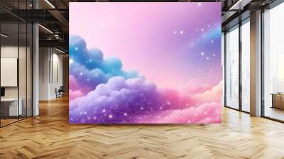 A pastel rainbow unicorn background including sparkling stars. A hazy, pink fantasy sky. Charming holographic area. Fairy iridescent gradient backdrop Backgrounds	
 Wall mural