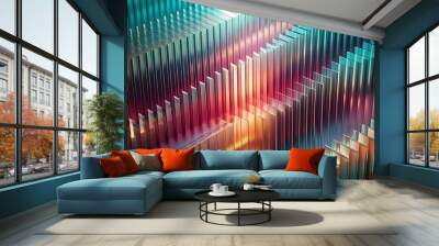 Abstract background with reeded glass effect, 3d render.  Render of corrugated wall with overlay reflection light on dark. Wall mural